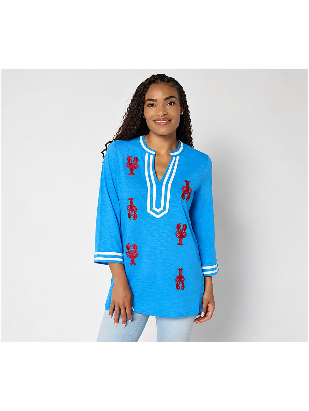 Bellisima by Kim Gravel Regular Slub Knit Rock Lobster Top Nantucket Blue,Medium